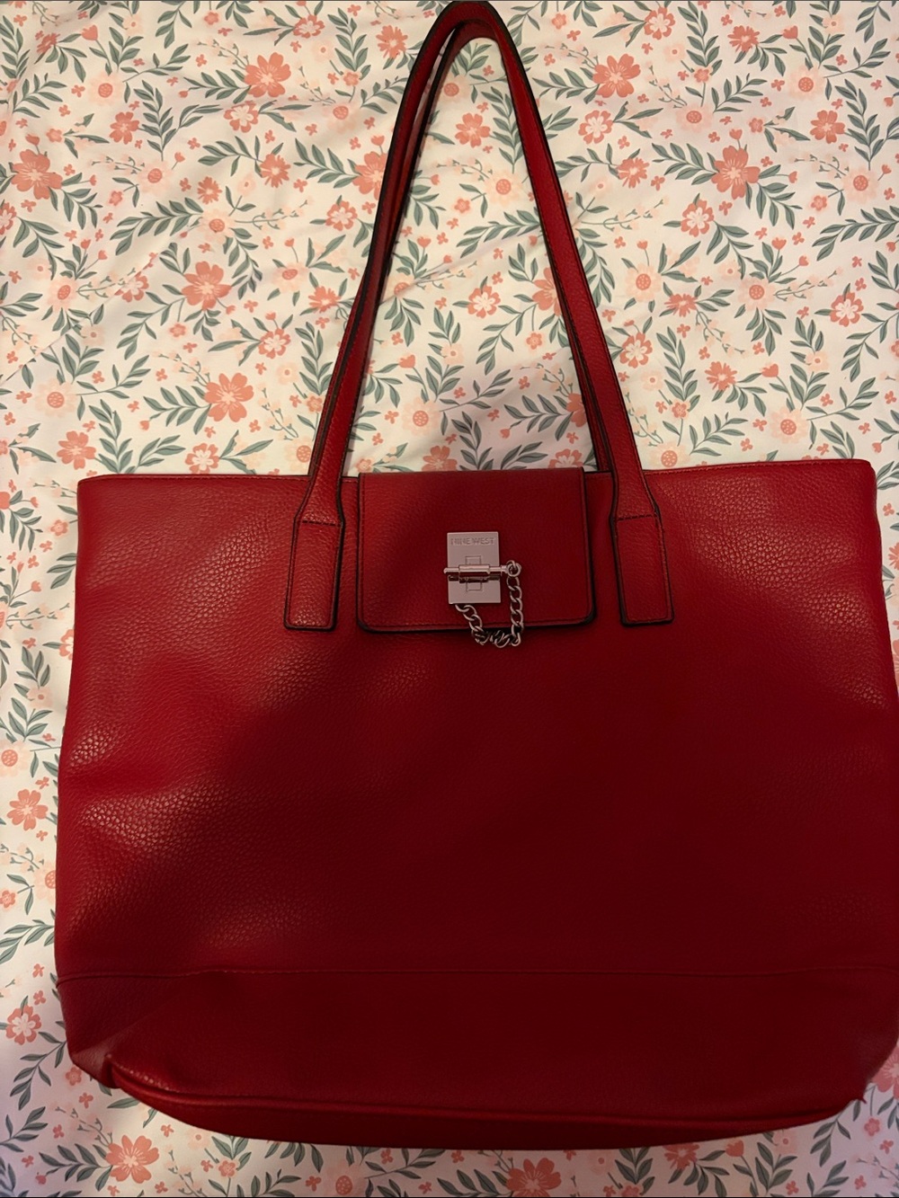 Nine West Red Pebbled Leather Tote with Silver Lock Detail